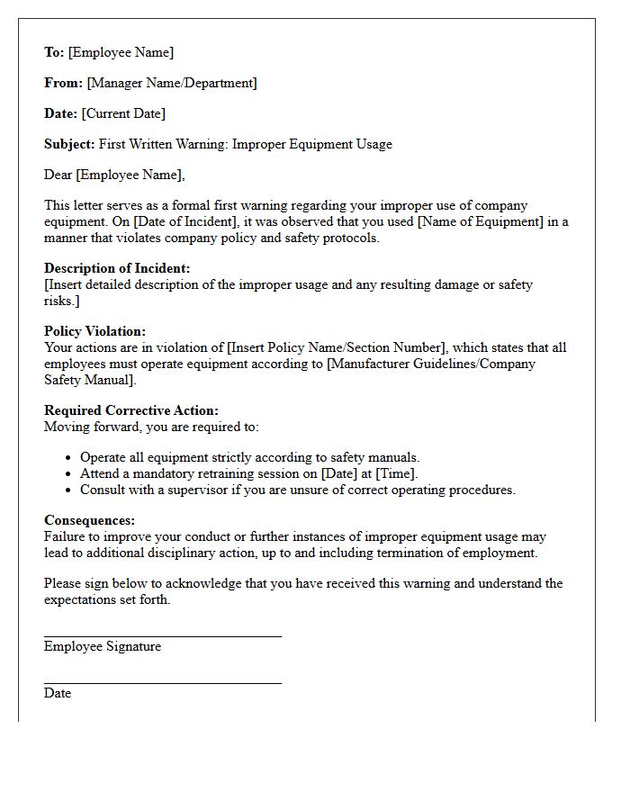 Disciplinary Letter of First Warning for Improper Equipment Usage