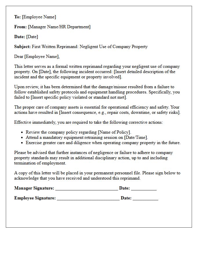 First Written Reprimand Letter for Negligent Use of Company Property