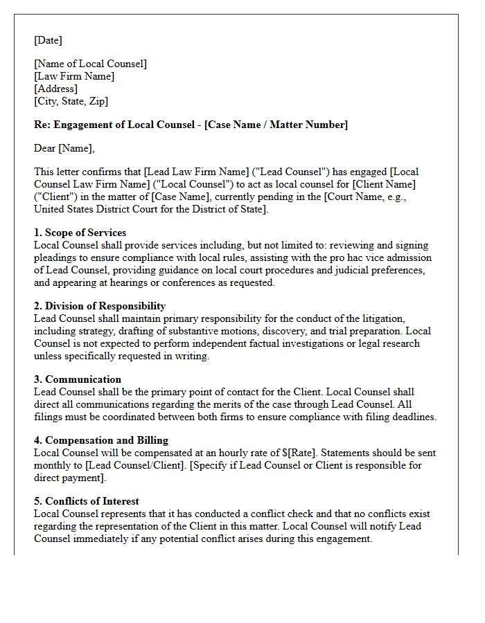 Civil Litigation Local Counsel Engagement Letter