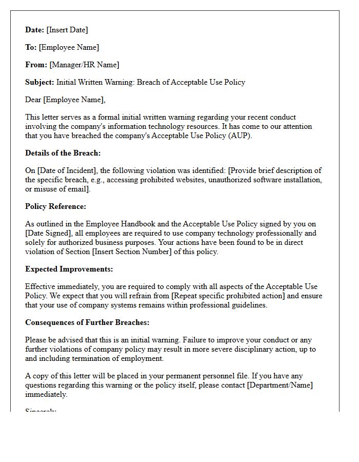Letter of Initial Written Warning for Acceptable Use Policy Breach