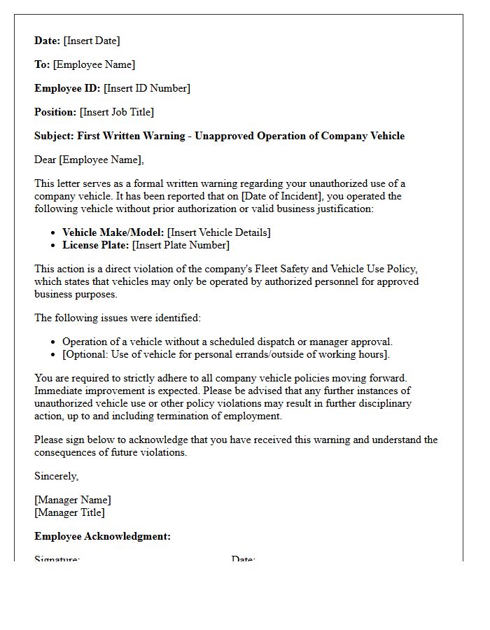 First Warning Letter for Unapproved Operation of Company Vehicles