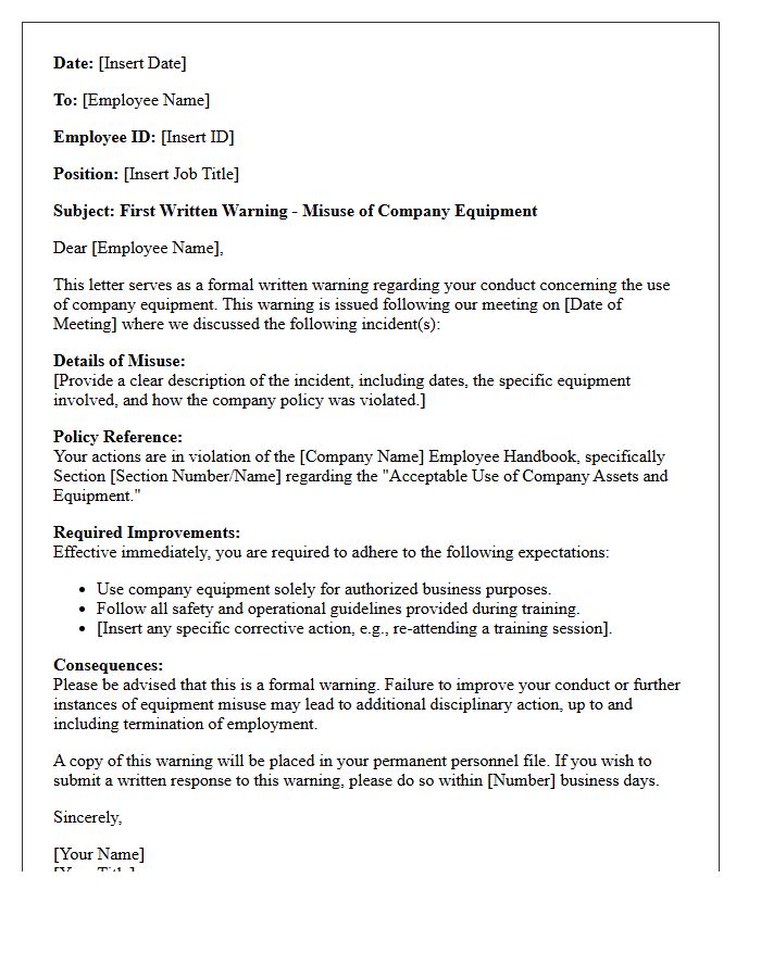 Formal HR Letter for First Written Warning on Equipment Misuse