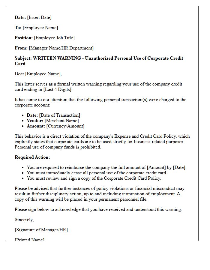 Written Warning Letter for Personal Use of Corporate Credit Card