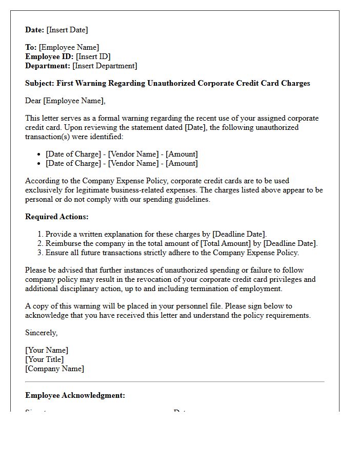 First Warning Letter for Unauthorized Corporate Credit Card Charges