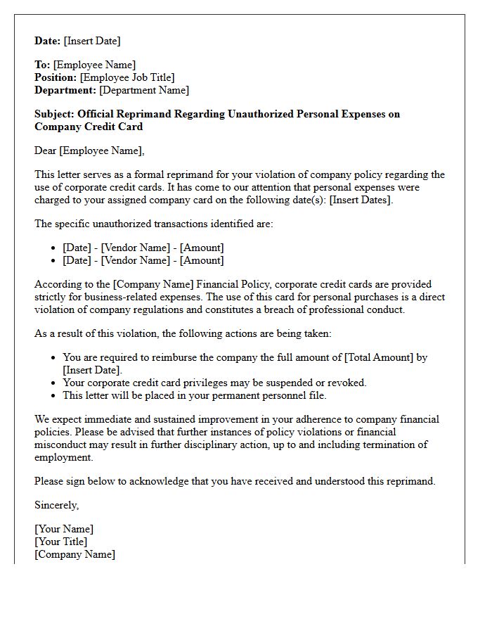 Official Reprimand Letter Regarding Personal Expenses on Company Card