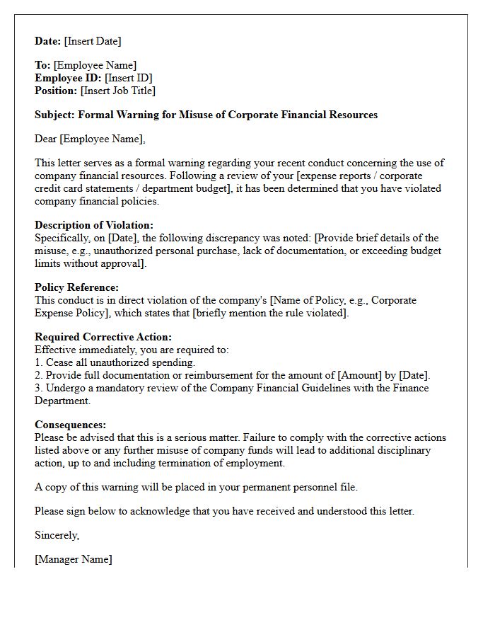 Formal Warning Letter for Misuse of Corporate Financial Resources