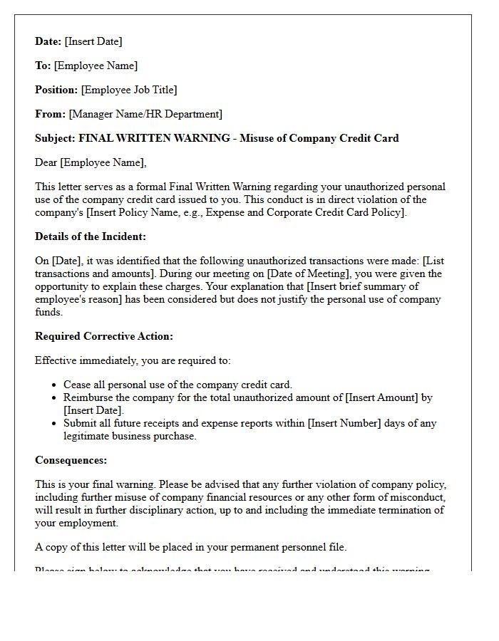 Final Written Warning Letter for Personal Use of Company Credit Card
