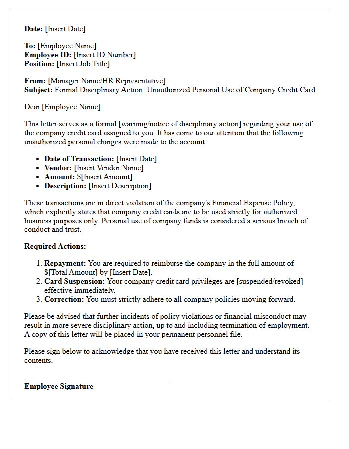 Disciplinary Letter for Unauthorized Personal Credit Card Purchases