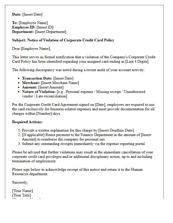 Notice of Violation Letter for Corporate Credit Card Policy Breach
