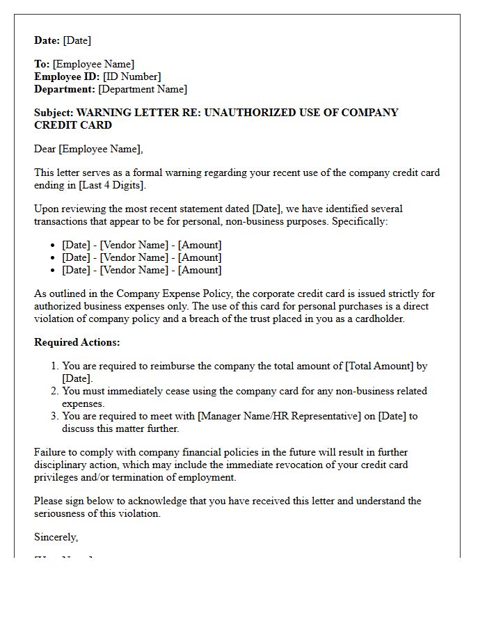 Human Resources Warning Letter for Non-Business Credit Card Transactions