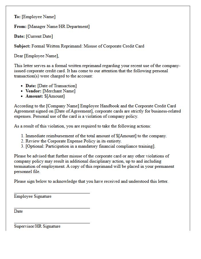 Written Reprimand Letter for Personal Misuse of Corporate Card
