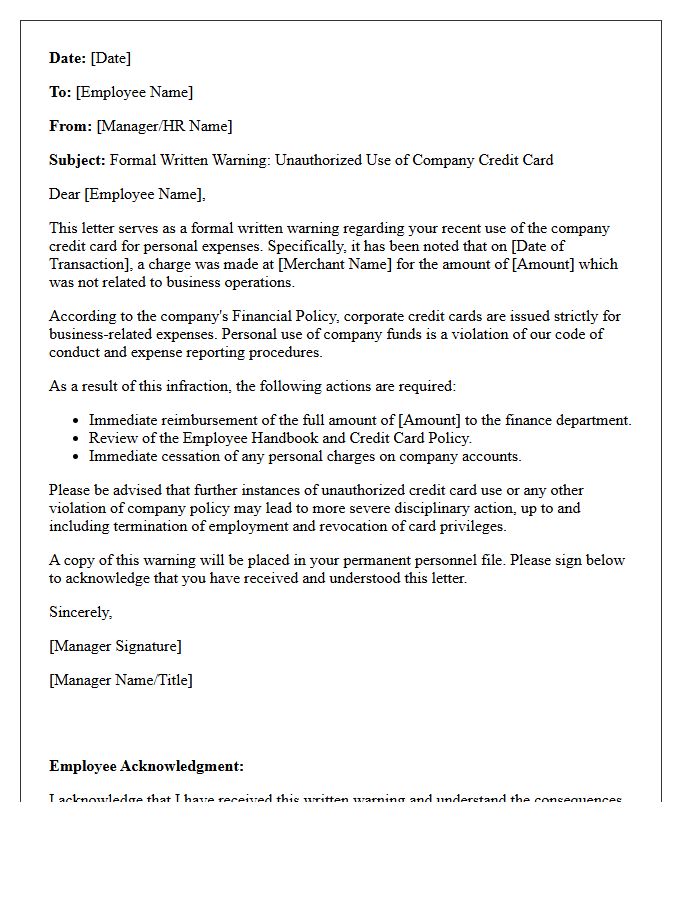 First Disciplinary Letter for Personal Use of Business Credit Card
