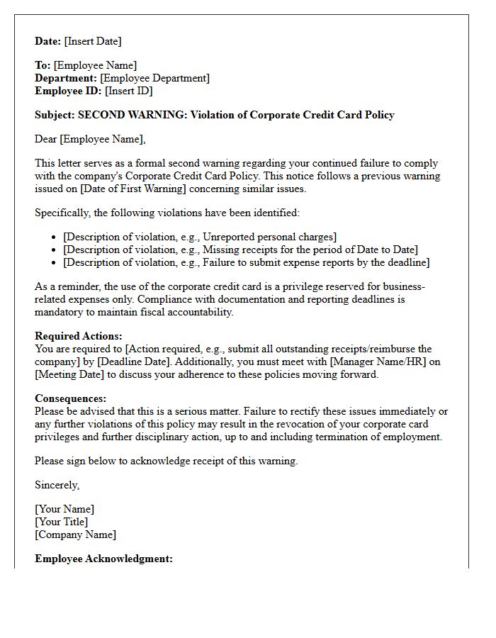 Second Warning Letter for Corporate Credit Card Policy Violation