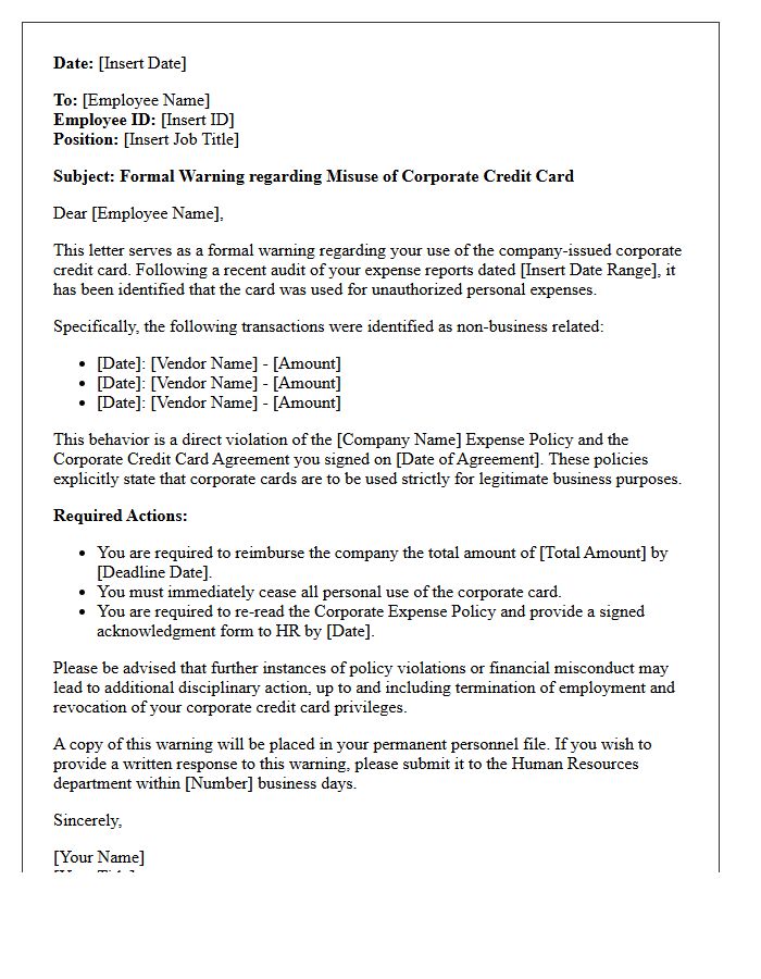 Formal Human Resources Warning Letter for Personal Corporate Credit Card Spending