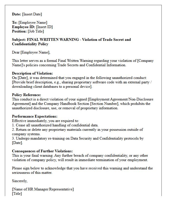 Human Resources Official Letter of Final Warning for Trade Secret Violation