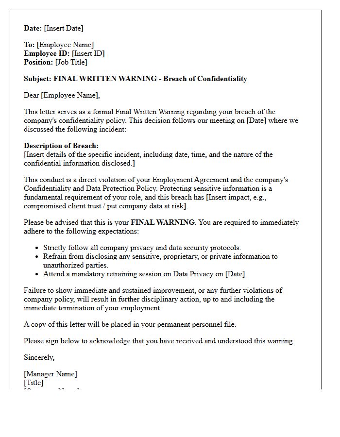 Confidentiality Breach Final Warning Letter for Employees