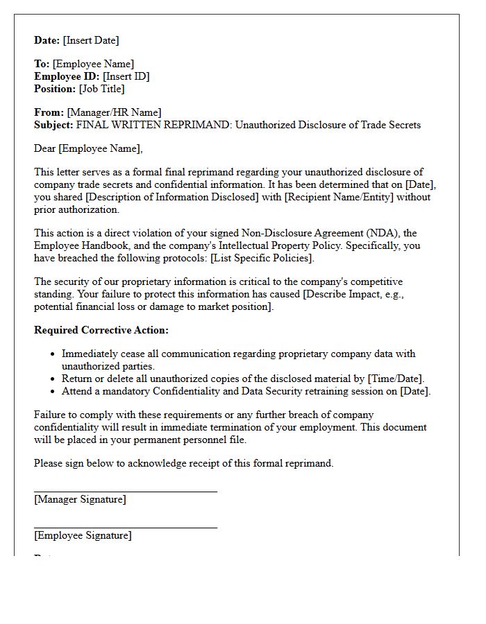 Letter of Final Reprimand for Unauthorized Trade Secret Disclosure