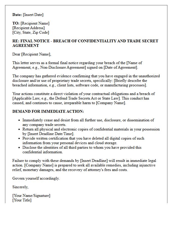 Final Notice Letter Regarding Breach of Company Trade Secrets