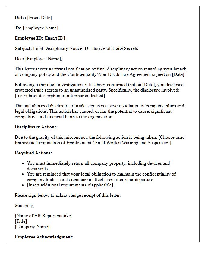 Human Resources Final Disciplinary Letter for Disclosing Trade Secrets