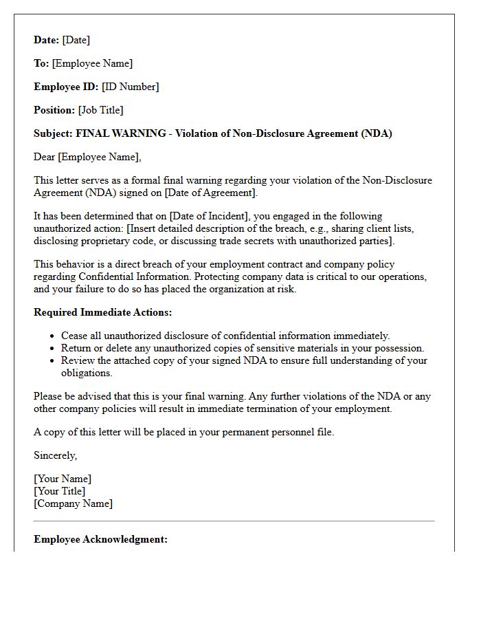 Employee Final Warning Letter for Non-Disclosure Agreement Violation