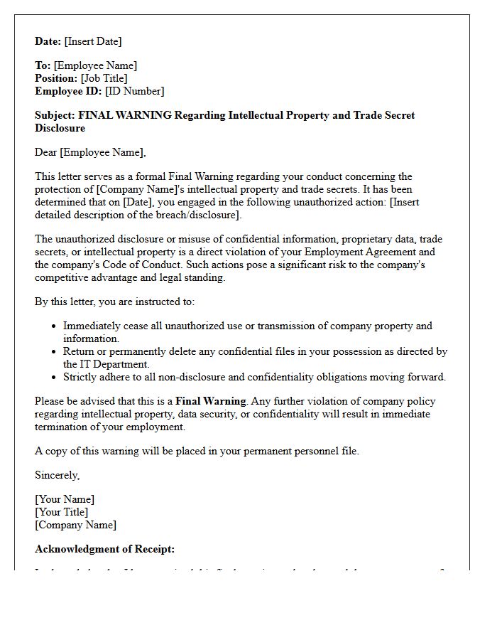 Letter of Final Warning for Intellectual Property and Trade Secret Disclosure