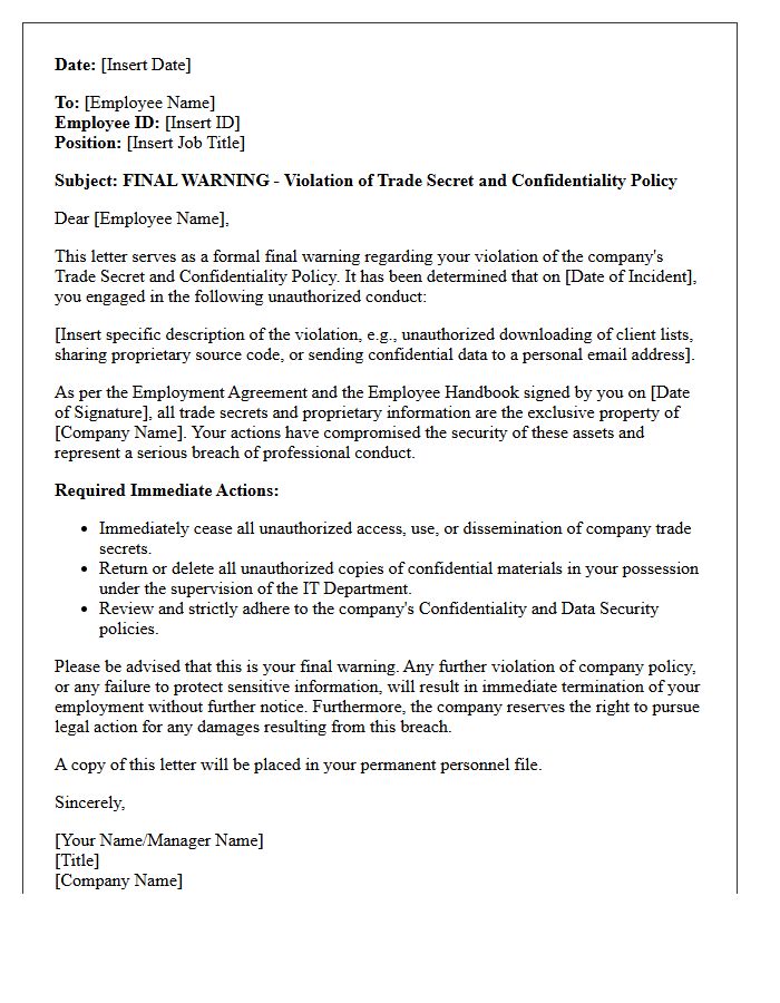Trade Secret Policy Violation Final Warning Letter