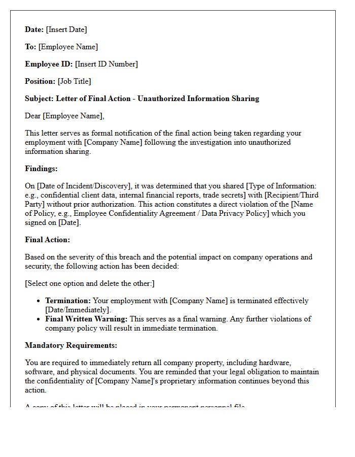 Human Resources Letter of Final Action for Unauthorized Information Sharing