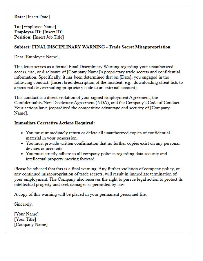 Final Disciplinary Warning Letter for Trade Secret Misappropriation
