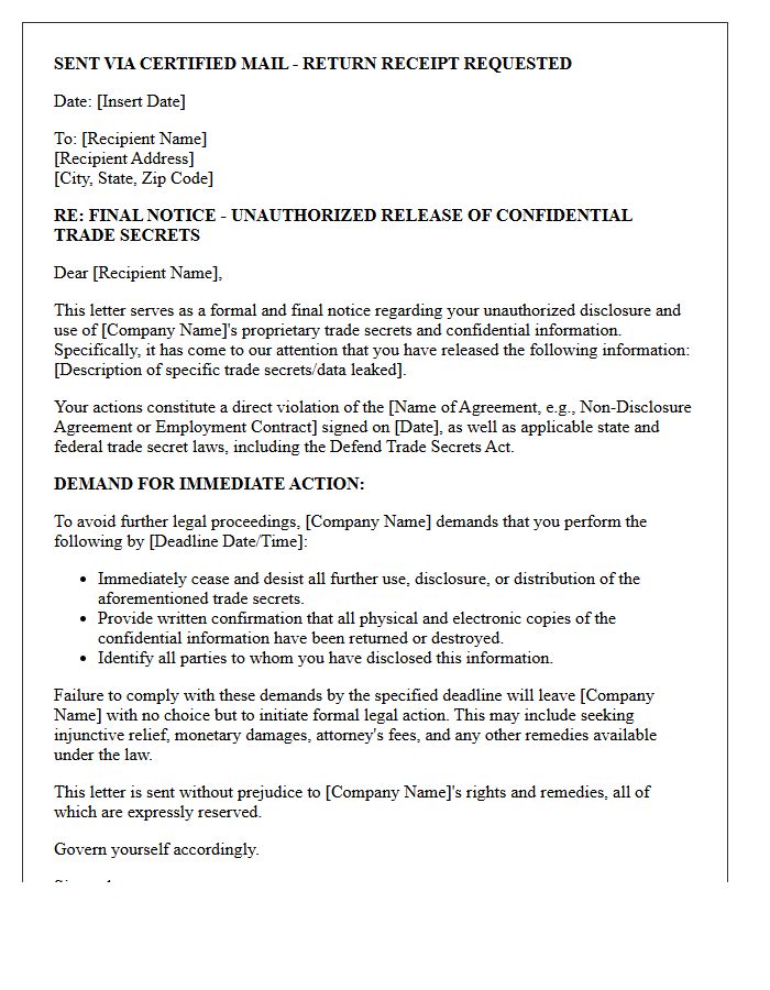 Letter of Final Notice for Unauthorized Release of Confidential Trade Secrets