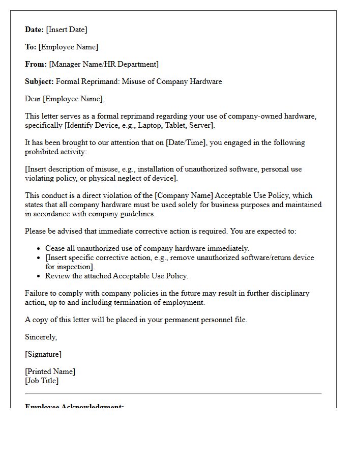 Reprimand Letter for Misuse of Company Hardware