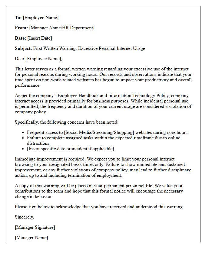First Warning Letter for Excessive Personal Internet Usage