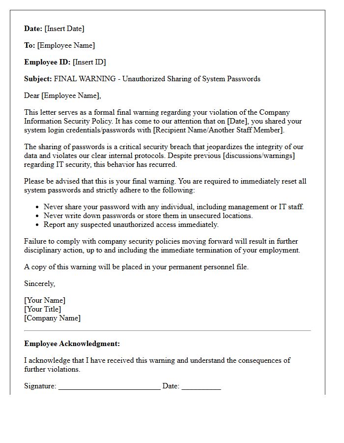 Final Warning Letter for Sharing System Passwords