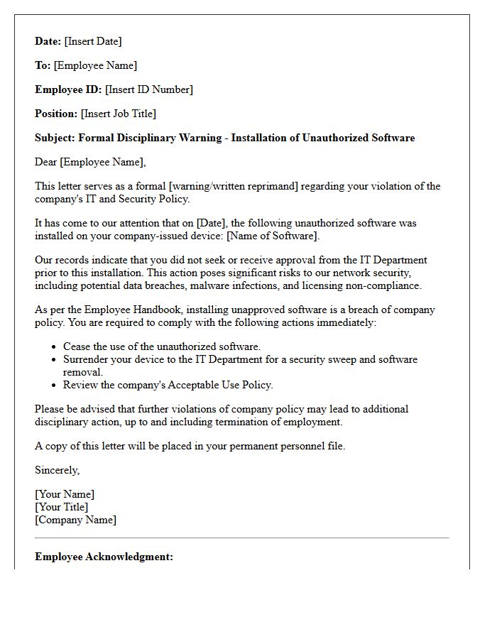 Disciplinary Letter for Installing Unauthorized Software