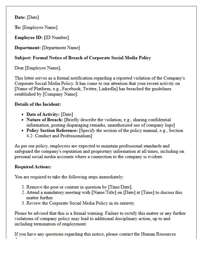 Notice Letter for Breach of Corporate Social Media Policy