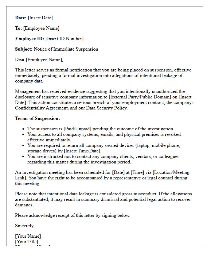 Suspension Letter for Intentional Company Data Leakage