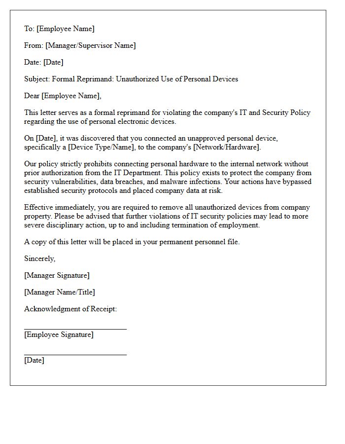 Reprimand Letter for Connecting Unapproved Personal Devices