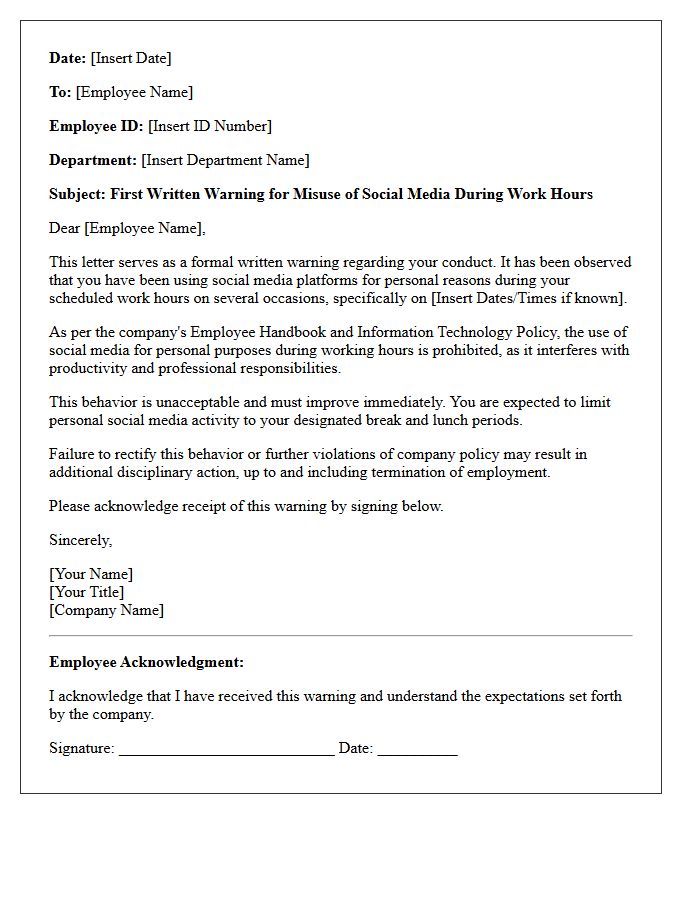 First Warning Letter for Misuse of Social Media During Work Hours