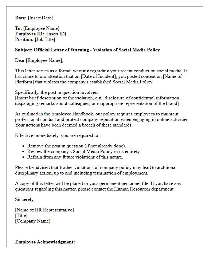 Official Human Resources Letter Regarding Social Media Policy Violation