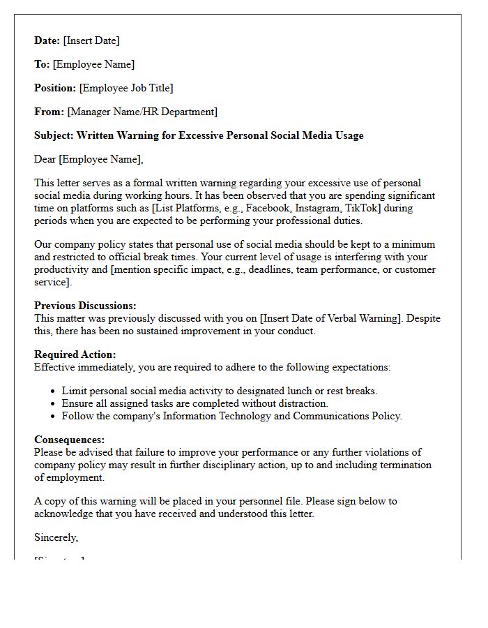 Written Warning Letter for Excessive Personal Social Media Usage