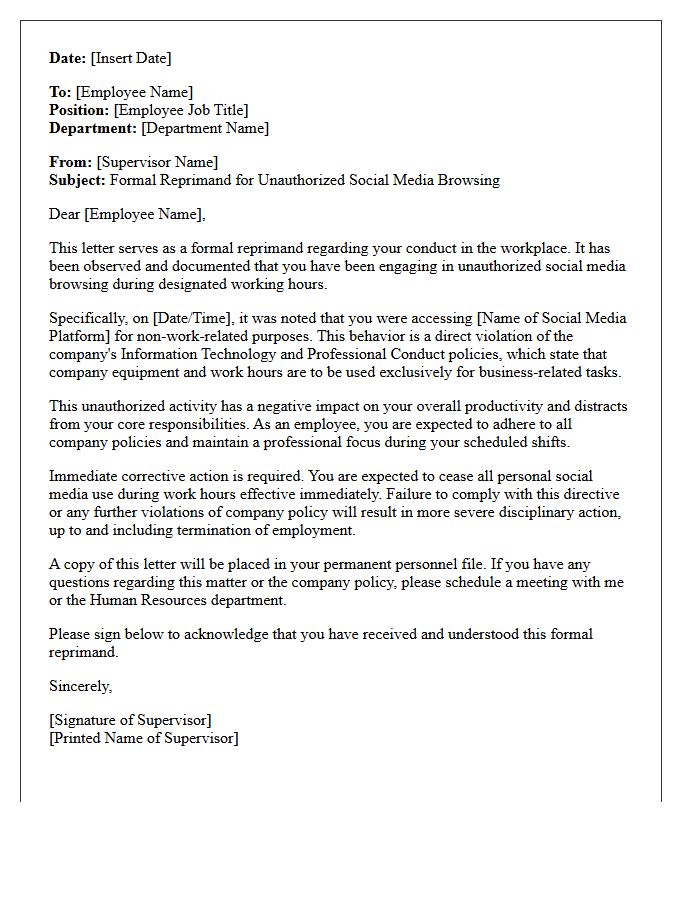Formal Reprimand Letter for Unauthorized Social Media Browsing