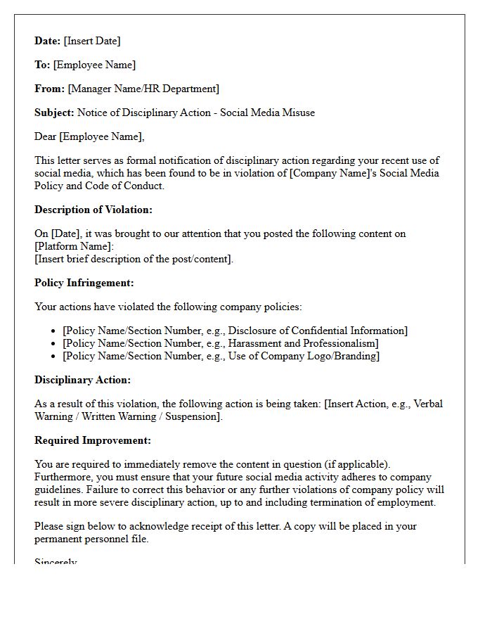 Notice Letter of Disciplinary Action for Workplace Social Media Misuse