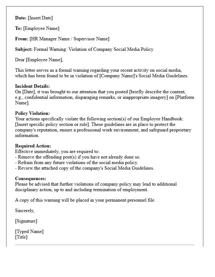 Human Resources Warning Letter for Violating Company Social Media Guidelines