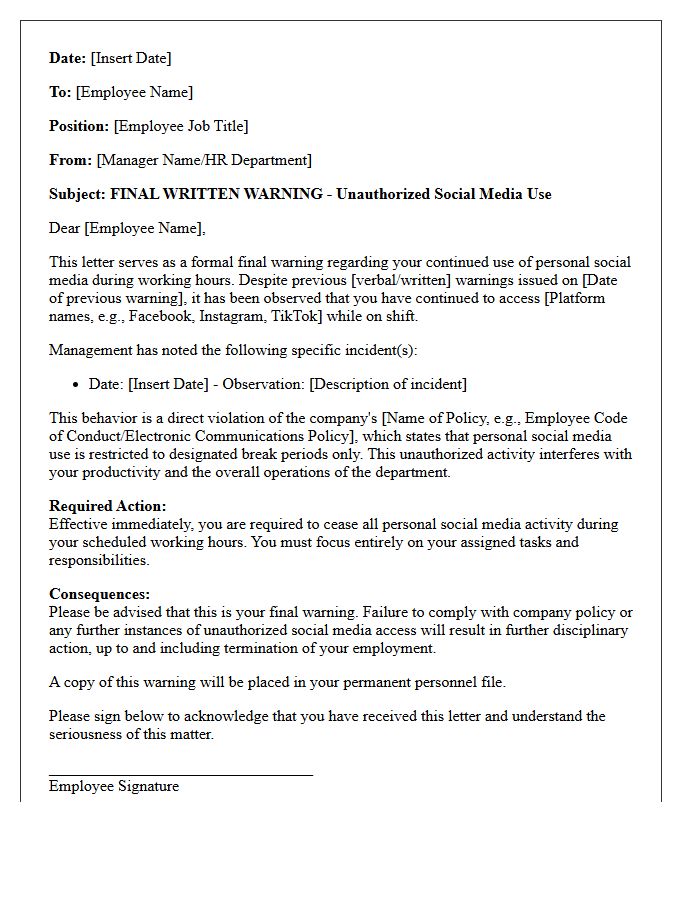 Final Warning Letter Regarding Personal Social Media Access During Shifts