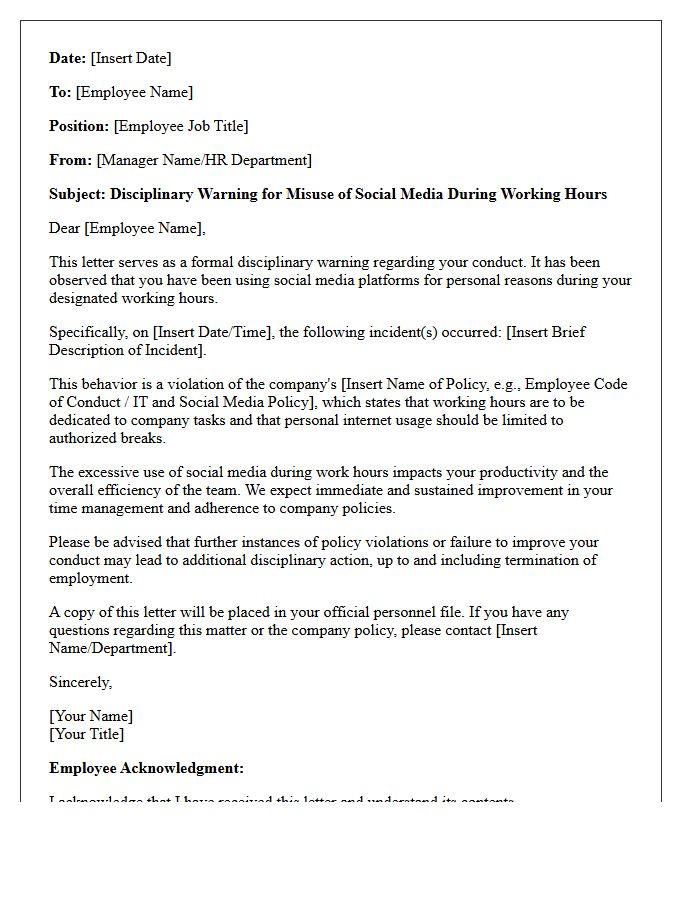 Employee Disciplinary Letter for Misuse of Social Media During Working Hours