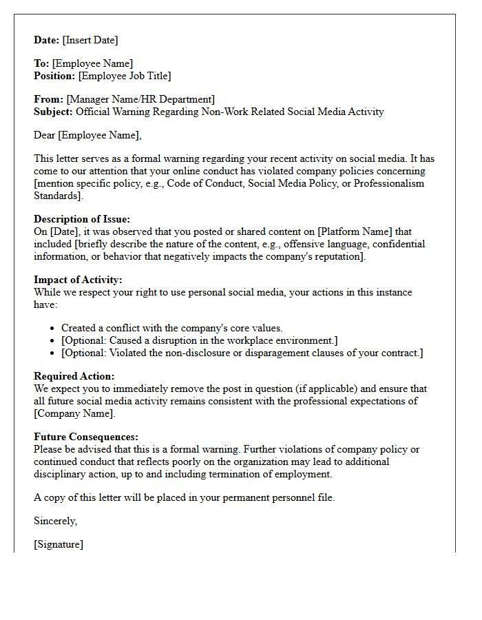 Official Warning Letter Concerning Non-Work Related Social Media Activity