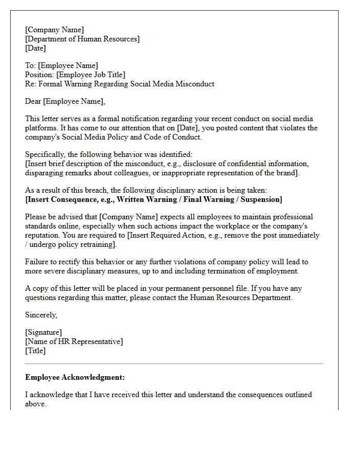 Human Resources Letter Outlining Consequences for Social Media Misconduct