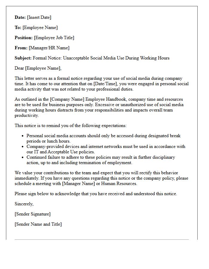 Formal Notice Letter of Unacceptable Social Media Use on Company Time