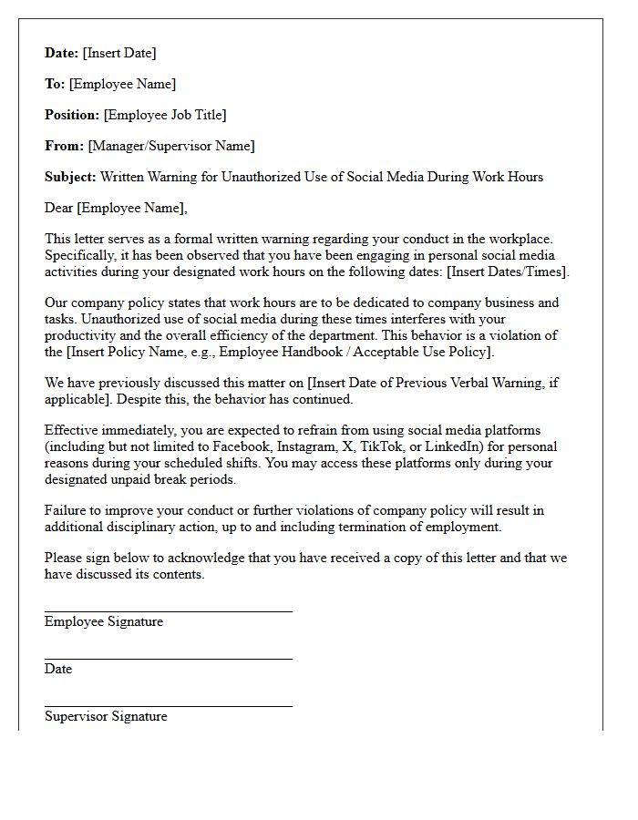 Written Disciplinary Letter for Engaging in Social Media During Work Hours