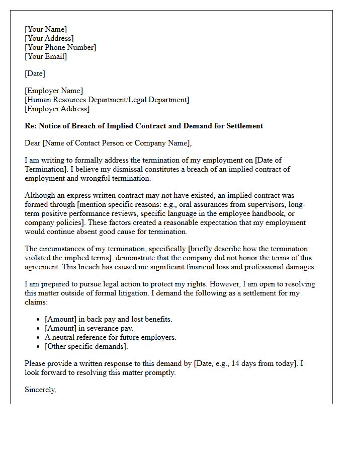 Breach Of Implied Contract Wrongful Termination Demand Letter