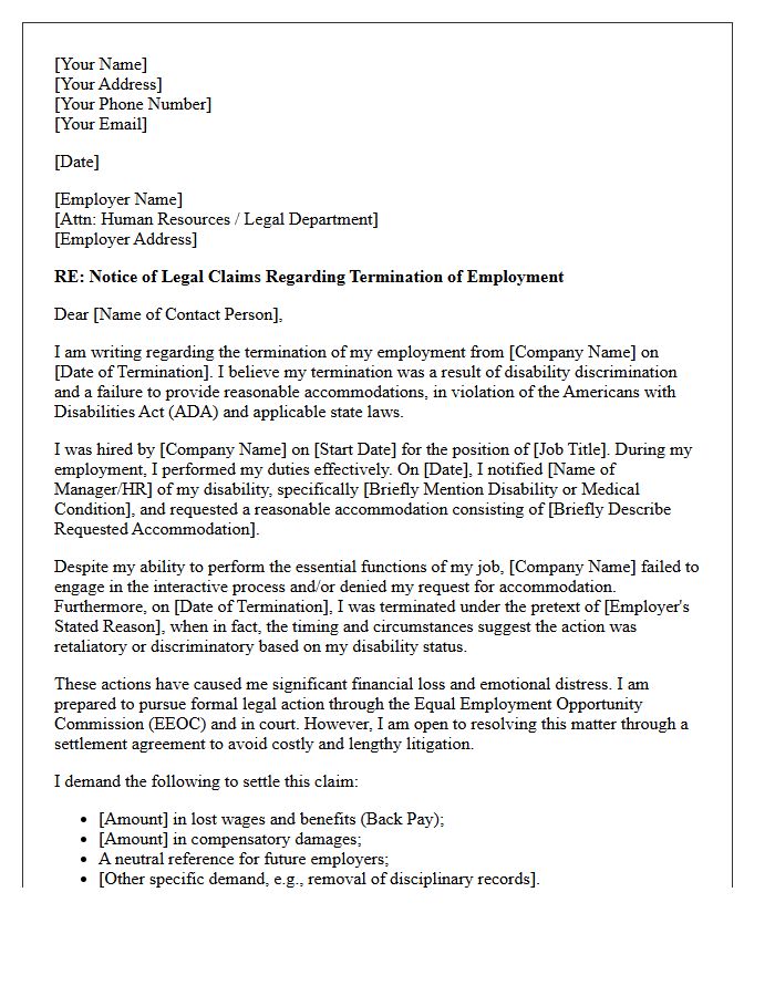 Disability Discrimination Wrongful Termination Demand Letter